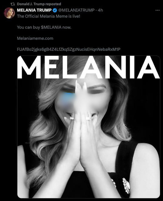 特朗普夫人梅拉尼婭也發Meme幣MELANIA！漲超34倍突破18美元